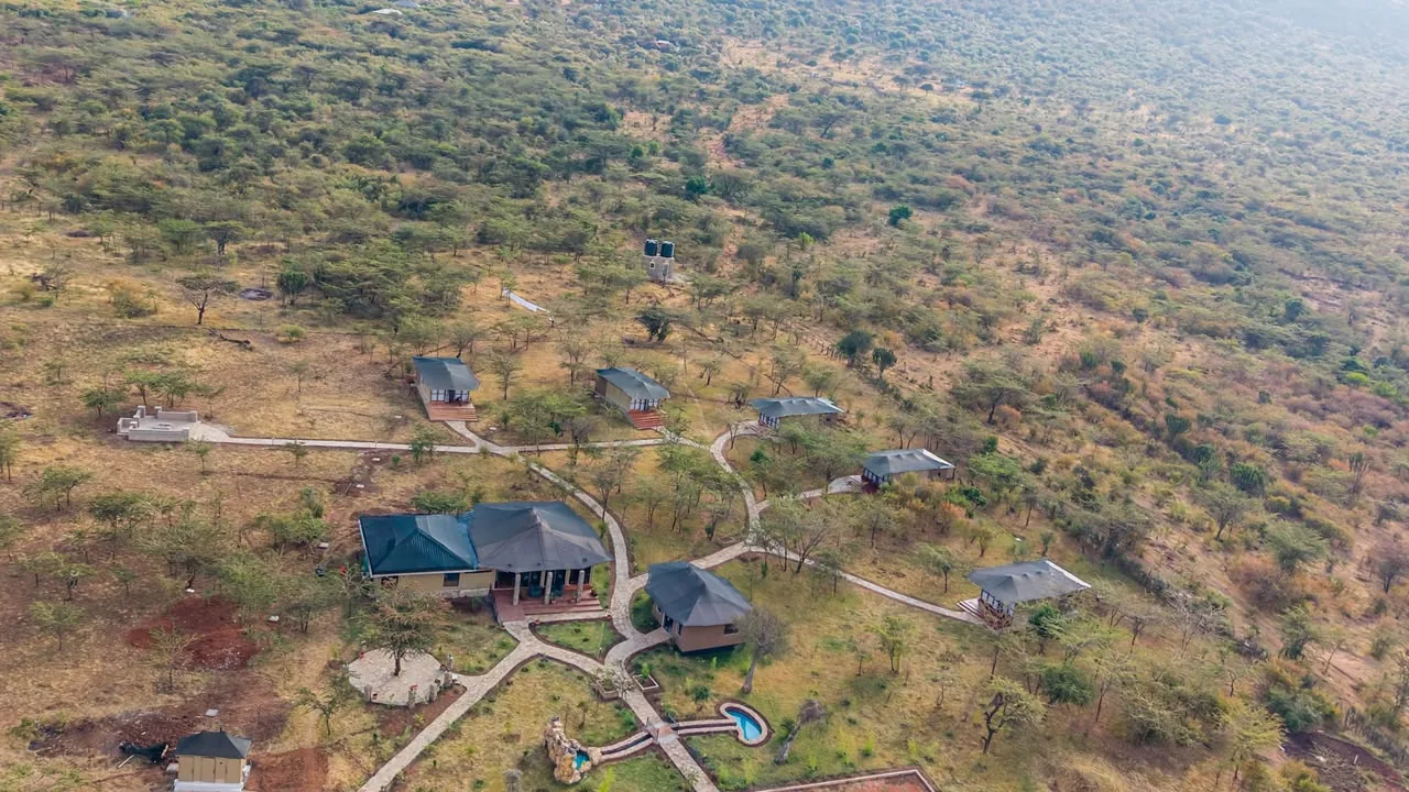 Aerial view of the Maasai Mara landscape near camp